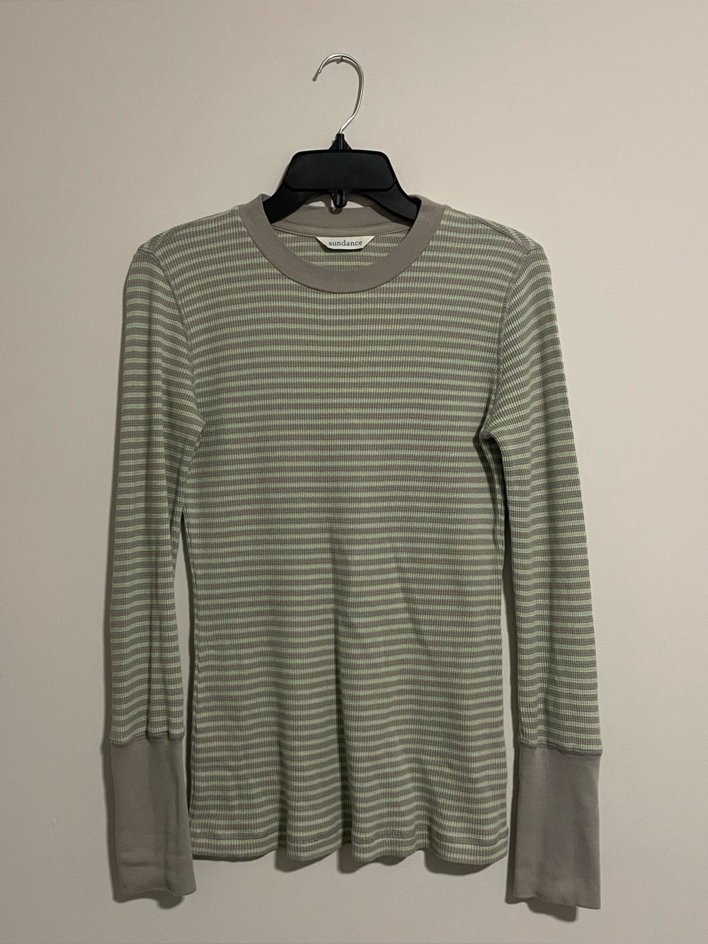 Sundance Thermal Long Sleeve Top Womens Small Blue Cream Striped Waffle Knit